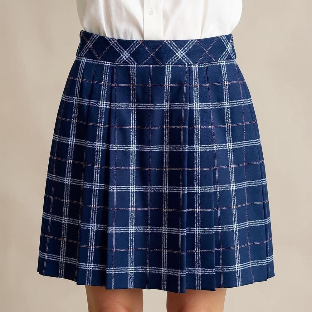 BROOKS BROTHERS 346 Pleated Plaid Wool Skirt 8 Navy Pink Lined Tartan Preppy EUC